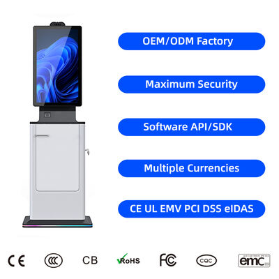 27 32 Inch Indoor Floor Stand Self Service Hotel Hospital Check in Payment Passport Scanner Card Dispenser Cash Payment Kiosk
