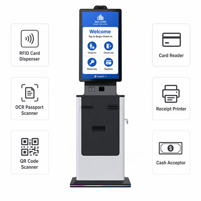 Hôtel Hôpital Vérifiez dans le kiosque Self-service Dispenser de carte à écran tactile Scanner de passeport Imprimante de billets Accepteur de trésorerie Kiosque de paiement